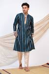 Buy_AAMRA BY LAVANYA_Blue Chanderi Silk Print Kalamkari Wildbloom Striped Kurta With Pant _at_Aza_Fashions