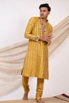 Shop_AAMRA BY LAVANYA_Yellow Chanderi Silk Woven Pitta Lotus Vine Striped Kurta With Churidar _Online_at_Aza_Fashions