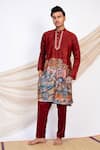 Buy_AAMRA BY LAVANYA_Maroon Linen Satin Print Kalamkari Artistic Sena Kurta With Pant _at_Aza_Fashions