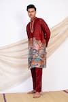 Buy_AAMRA BY LAVANYA_Maroon Linen Satin Print Kalamkari Artistic Sena Kurta With Pant _Online_at_Aza_Fashions