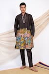 Buy_AAMRA BY LAVANYA_Black Linen Satin Print Kalamkari Ancient Sena Kurta With Pant _at_Aza_Fashions