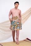 Buy_AAMRA BY LAVANYA_Pink Linen Satin Print Kalamkari Commander Sena Kurta With Pant _at_Aza_Fashions