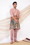 Buy_AAMRA BY LAVANYA_Pink Linen Satin Print Kalamkari Commander Sena Kurta With Pant _Online_at_Aza_Fashions