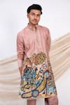 Shop_AAMRA BY LAVANYA_Pink Linen Satin Print Kalamkari Commander Sena Kurta With Pant _Online_at_Aza_Fashions