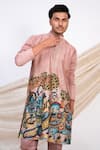 AAMRA BY LAVANYA_Pink Linen Satin Print Kalamkari Commander Sena Kurta With Pant _at_Aza_Fashions