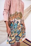 Buy_AAMRA BY LAVANYA_Pink Linen Satin Print Kalamkari Commander Sena Kurta With Pant 