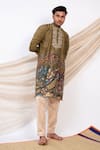 Shop_AAMRA BY LAVANYA_Green Linen Satin Print Kalamkari Dev Sena Theme Kurta With Pant _Online_at_Aza_Fashions