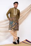 AAMRA BY LAVANYA_Green Linen Satin Print Kalamkari Dev Sena Theme Kurta With Pant _at_Aza_Fashions