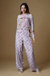 Buy_Zal From Benaras_Pink Viscose Sequins, Cut Work Collared Abstract Leaf Print Shirt With Pant _at_Aza_Fashions