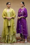 Sobariko_Purple Silk Woven Gullista Round Neck Yoke Kurta Pant Set _Online_at_Aza_Fashions