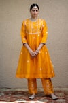 Shop_Sobariko_Orange Silk Woven Phoolista Round Neck Yoke Kurta Pant Set _Online_at_Aza_Fashions