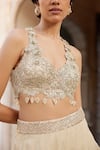 Buy_Osaa by Adarsh_Beige Tissue Embroidered Zardosi Deep V Neck Crop Top And Skirt Set _Online_at_Aza_Fashions