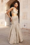 Osaa by Adarsh_Beige Tissue Silk Embroidered Zardosi V Neck Crop Top And Fish-cut Skirt Set _Online_at_Aza_Fashions