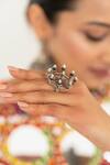 Shop_Anana_Silver Plated Beads Jilmil Geometric Carved Ring _at_Aza_Fashions