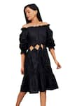 Deepika Arora_Black Cotton Off Shoulder Tonal Frill Cut Out Dress _Online