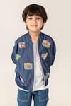 Buy_Panchhi by Kanupriya Tibrewala_Blue Soft Denim Embroidered Thread Full Of Joy Patchwork Bomber Jacket _at_Aza_Fashions