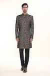 Prima Czar_Black Jacquard Embellishment Geometric Sherwani _Online_at_Aza_Fashions