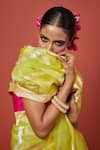 Buy_VISHWA BY PINKI SINHA_Green Kora Silk Handwoven Floral Stripe Pattern Saree With Running Blouse _Online_at_Aza_Fashions