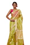 Shop_VISHWA BY PINKI SINHA_Green Kora Silk Handwoven Floral Stripe Pattern Saree With Running Blouse _Online_at_Aza_Fashions