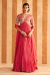 Buy_Ridhi Mehra_Pink Anarkali Silk Embroidery Pearl V Neck Nafasat Wildbloom With Dupatta _at_Aza_Fashions