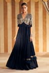 Buy_Ridhi Mehra_Blue Anarkali Silk Embroidery Pearl V Neck Zarqaa Gardenia With Dupatta _at_Aza_Fashions