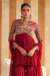 Ridhi Mehra_Red Anarkali And Gharara Silk Embroidery Gota V Neck Qasida Gulbahar Short Set _at_Aza_Fashions