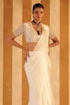 Ridhi Mehra_Ivory Saree Chiffon Embroidery Pearl Naqaa Solid Pre Draped With Work Blouse _Online_at_Aza_Fashions