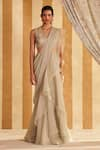 Buy_Ridhi Mehra_Silver Saree Chiffon/organza Nafeesa Solid Pre Draped Ruffle With Blouse _at_Aza_Fashions