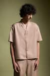 Buy_Dash and Dot_Beige 58% Polyester Solid Shawl Collar Shirt And Shorts Co-ord Set _Online_at_Aza_Fashions