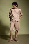 Buy_Dash and Dot_Beige 58% Polyester Solid Shawl Collar Shirt And Shorts Co-ord Set 