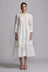 Shop_Dash and Dot_White 85% Linen Applique Floral Lace Band Collar Dress _Online_at_Aza_Fashions