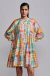 Dash and Dot_Multi Color 70% Viscose Print Chequered Round Neck Short Dress _Online_at_Aza_Fashions