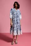 Buy_Dash And Dot_Blue Viscose, Linen Lace, Embroidery Mandarin Collar Rose Bloom Print Dress _at_Aza_Fashions