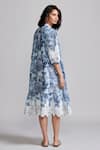 Shop_Dash And Dot_Blue Viscose, Linen Lace, Embroidery Mandarin Collar Rose Bloom Print Dress _at_Aza_Fashions