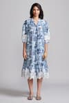 Dash And Dot_Blue Viscose, Linen Lace, Embroidery Mandarin Collar Rose Bloom Print Dress _Online_at_Aza_Fashions