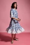 Buy_Dash And Dot_Blue Viscose, Linen Lace, Embroidery Mandarin Collar Rose Bloom Print Dress _Online_at_Aza_Fashions
