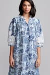 Shop_Dash And Dot_Blue Viscose, Linen Lace, Embroidery Mandarin Collar Rose Bloom Print Dress _Online_at_Aza_Fashions