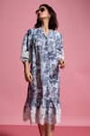 Dash And Dot_Blue Viscose, Linen Lace, Embroidery Mandarin Collar Rose Bloom Print Dress _at_Aza_Fashions