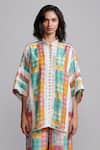 Dash And Dot_Multi Color Viscose, Linen Lace Mandarin Collar Chequered Print Shirt With Pant _Online_at_Aza_Fashions