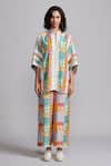 Shop_Dash And Dot_Multi Color Viscose, Linen Lace Mandarin Collar Chequered Print Shirt With Pant _Online_at_Aza_Fashions