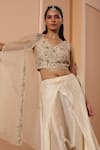 SAISHA_Ivory Organza Embroidered Floral Blouse V Neck Cape With Dhoti Set _Online_at_Aza_Fashions