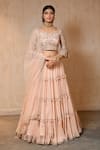 Buy_SAISHA_Peach Organza Embroidered Dori Leaf Neck Tiered Lehenga Set _at_Aza_Fashions