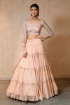 SAISHA_Peach Organza Embroidered Dori Leaf Neck Tiered Lehenga Set _Online_at_Aza_Fashions