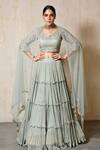 Buy_SAISHA_Blue Organza Embroidered Dori Leaf Neck Tiered Lehenga Blouse Set _at_Aza_Fashions