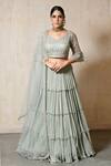 Buy_SAISHA_Blue Organza Embroidered Dori Leaf Neck Tiered Lehenga Blouse Set _Online_at_Aza_Fashions