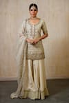 Buy_SAISHA_Off White Raw Silk Embroidered Floral Round Kurta Sharara Set _at_Aza_Fashions