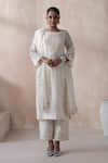 SAISHA_Ivory Organza Embellished Bead Round Floral Thread Embroidered Kurta Pant Set _Online_at_Aza_Fashions