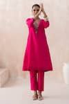 Buy_SAISHA_Pink Chinese Silk Embellished Bead V-neck Sequin Kaftan With Pant _at_Aza_Fashions