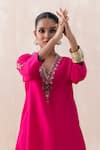 Shop_SAISHA_Pink Chinese Silk Embellished Bead V-neck Sequin Kaftan With Pant _Online_at_Aza_Fashions