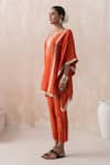 Shop_SAISHA_Orange Chinese Silk Embellished Gota Notched Embroidered Kaftan With Pant _Online_at_Aza_Fashions